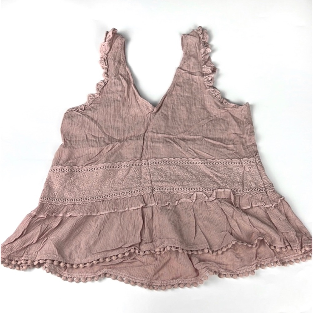 Aeropostale Eyelet Trim V-Neck Rose Pink Floral Ruffle Tank Top Sz: S - Picture 2 of 9